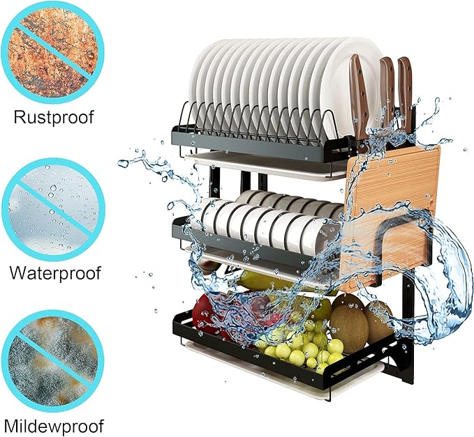 Wall Mounted Stainless Steel Dish Drying Rack Fruit Vegetable Storage Basket with Drainboard and Hanging Chopsticks Cage Knife Holder Kitchen Supplies Shelf Utensils Organizer (3-Tier)