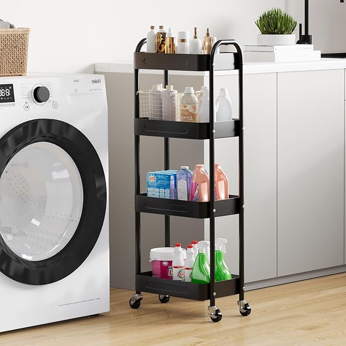 4 Tier Slim Storage Cart with Wheels for Laundry Room Between Washer and Dryer, 7.1'' Wide Narrow Rolling Storage Cart with wheels and Lockable Casters, Metal Thin Shelf for Small Space, Black