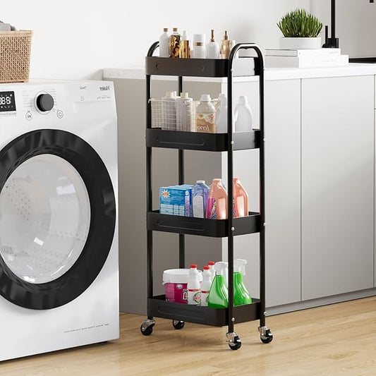 4 Tier Slim Storage Cart with Wheels for Laundry Room Between Washer and Dryer, 7.1'' Wide Narrow Rolling Storage Cart with wheels and Lockable Casters, Metal Thin Shelf for Small Space, Black