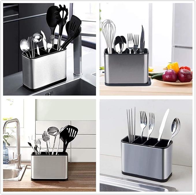 KESOL Kitchen Utensil Holder, Stainless Steel Utensil Drying Rack Flatware Holder Sinkware Caddy Countertop Organizer with 4 Divided Compartments, Rust Proof-NeatNest