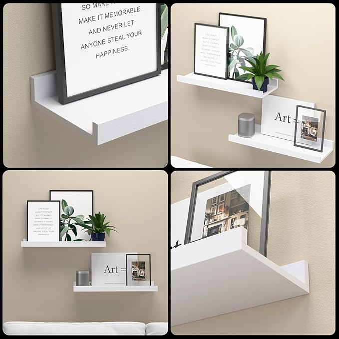 Floating Shelves Wall Mounted Set of 2, Modern White Shelves for Bedroom, Nursery Shelves with Lip, Display Picture Ledge Shelf for Wall Decor Living Room Bathroom Kitchen - White-NeatNest