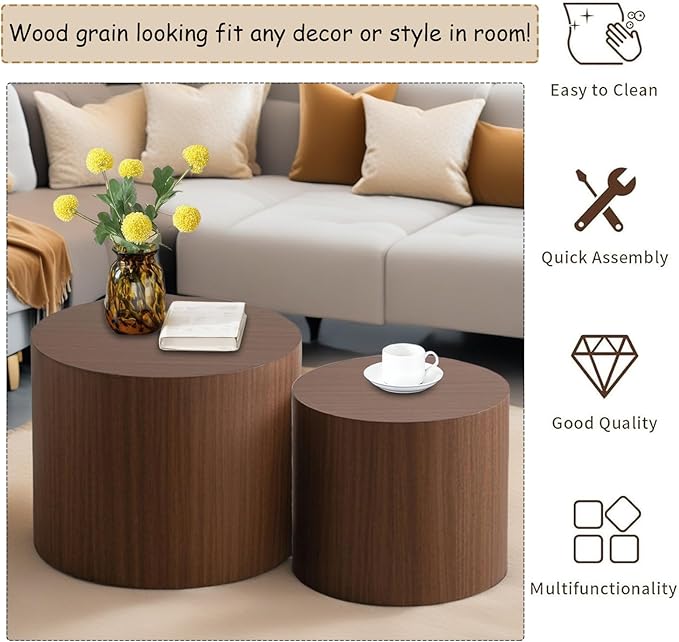 Modern Round Wooden Nesting Circle Coffee Table Set of 2 with Non-Slip Feet, Accent Side End Table, Saving Space Design and No Need Assembly,D