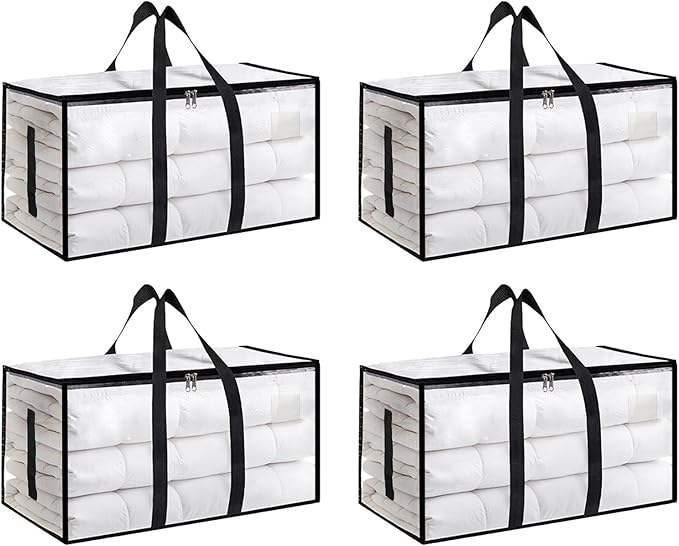 Extra Large Heavy Duty Moving Bags - Waterproof Storage Totes with Reinforced Handles & Zippers, Foldable for College Dorm Essentials, Clothes Storage & Travel (4-Pack Clear)