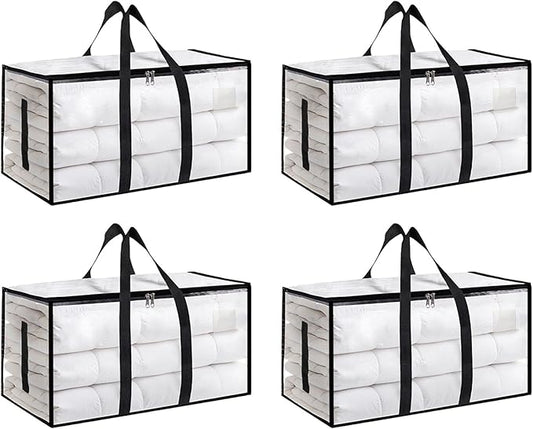 Extra Large Heavy Duty Moving Bags - Waterproof Storage Totes with Reinforced Handles & Zippers, Foldable for College Dorm Essentials, Clothes Storage & Travel (4-Pack Clear)