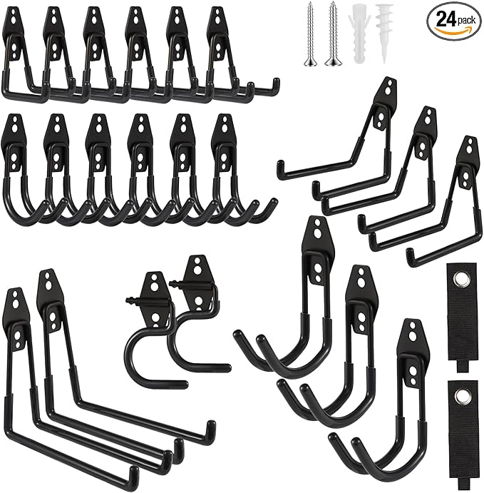 Garage Hook Heavy Duty Wall Storage Hangers, 24 Pack Garage Storage Hooks Steel Tool Black for Ladders, Ropes, Garden Tools-NeatNest