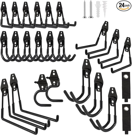 Garage Hook Heavy Duty Wall Storage Hangers, 24 Pack Garage Storage Hooks Steel Tool Black for Ladders, Ropes, Garden Tools-NeatNest