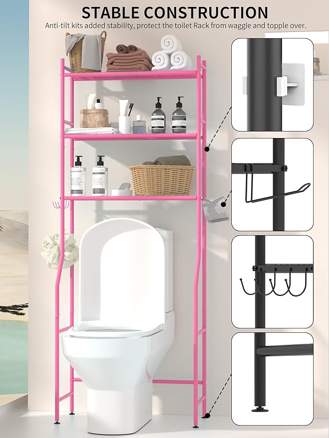 3-Tier Over The Toilet Storage, Space Saver Metal Bathroom Shelves, Freestanding Above Over Toilet Storage Shelf with 4 Hooks for Bathroom, Pink-NeatNest