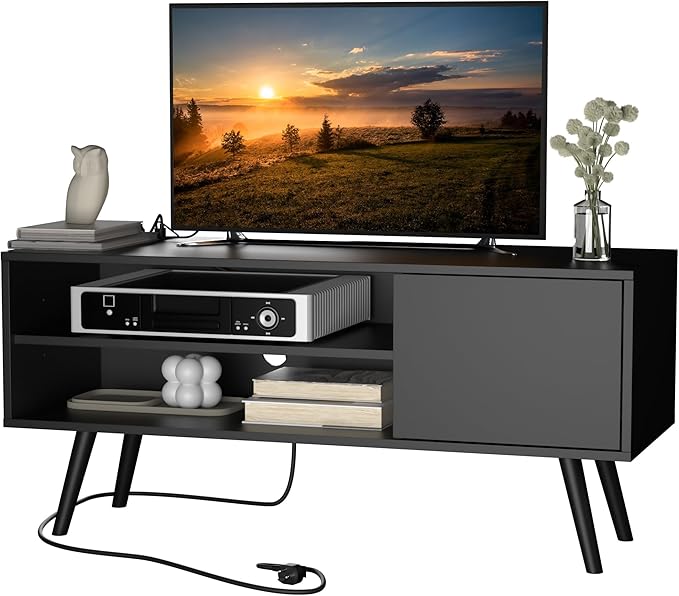 Cozy Castle TV Stand for 48 Inch TV, Mid Century Modern Entertainment Center with Storage Cabinet, TV Media Console for Living Room, Bedroom, Black-NeatNest