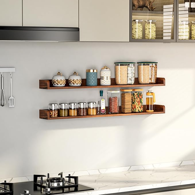 Fun Memories Stove Top Shelf, 30" Magnetic Shelf for Kitchen Stove, Pine Wood Stove Shelf, Wall Mounted Shelf for Home Storage Organization, Heat and Pressure Resistant, 1pcs, Dark Brown
