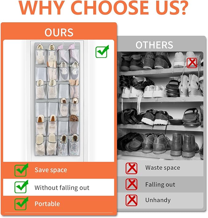 FENTEC 40 Large Pockets Over The Door Shoe Organizer, Mesh Hanging Shoe Organizer Shoe Rack for Closet Mesh Closet Shoe Holder, Over Door Organizer, Shoe Organizer for Wall, Grey, 1 Pack-NeatNest