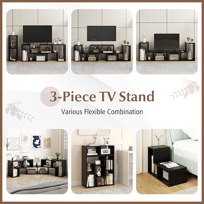 Giantex Free-Combination TV Stand for Bedroom - Entertainment Center for 50 55 60 65 Inch TV, 3-Piece Media Console Table with Storage Cubes, Deformable Open Storage Bookcase Shelf (Black)-NeatNest