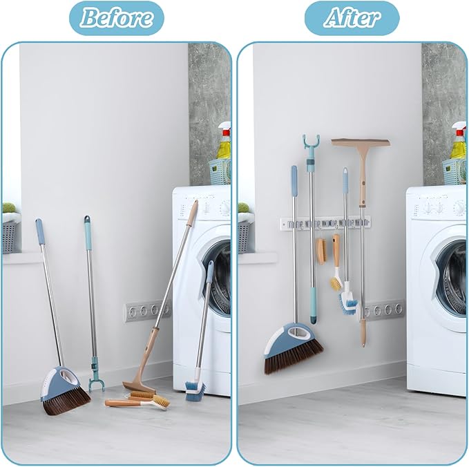 White Broom Holder Wall Mount - Heavy Duty Wood Mop and Broom Organizer with 5 Slots & 4 Hooks - Garden Tool Hanger for Laundry Room Closet Kitchen Garage Storage and Organization - Modern Home Decor-NeatNest