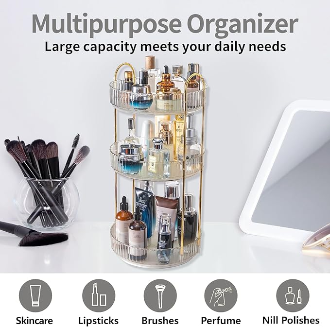 360 Rotating Makeup Organizer,3 Tier Large Capacity Make Up Organizers and Storage,Skincare Perfume Vanity Organizers,Bathroom Cosmetics Storage Organizer Countertop (Clear-3 Tier)-NeatNest