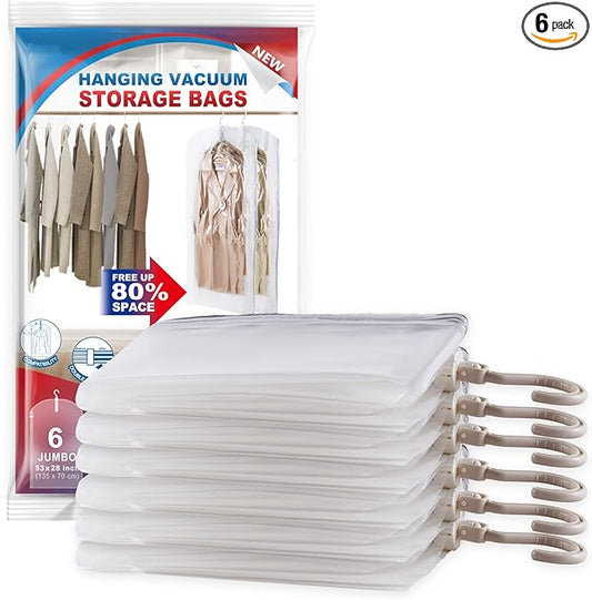 Hanging Vacuum Storage Bags, 6 Pack Large Hanging Vacuum Seal Bags for Clothing, Space Saver for Clothes, Suits, Dress, Jackets, Closet Organizer for Moving Supplies(53.1x27.6 in)-NeatNest