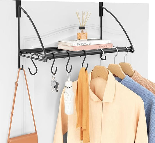 Tajsoon Over The Door Hanger with Storage Rack and 6 Hooks, Over The Door Clothes Racks for Hanging Towel & Coat, Door Rack Hanger for Bathroom, Bedroom, Living Room, Black