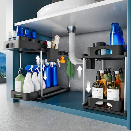 2 Pack Under Sink Organizer, 2 Tier Under Sink Organizers and Storage for Kitchen Bathroom, Height Adjustable Cabinet Organizer with Two Slide-Out Drawers,Black-NeatNest