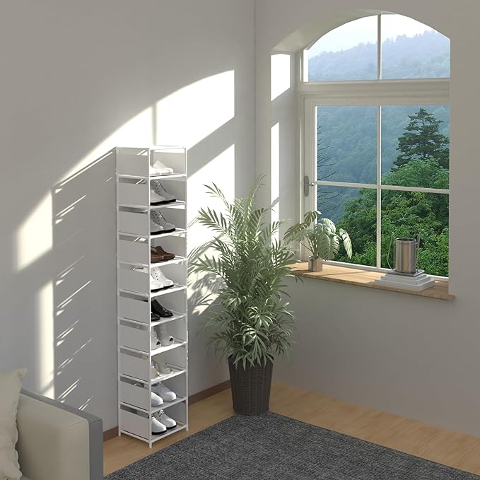 Narrow Shoe Rack, 10 Tier Vertical Shoe Rack for Closet Entryway, White Tall Slim Shoe Tower for Small Spaces, Shinky Shoe Organizer, Space Saving Corner Shoe Shelf-NeatNest