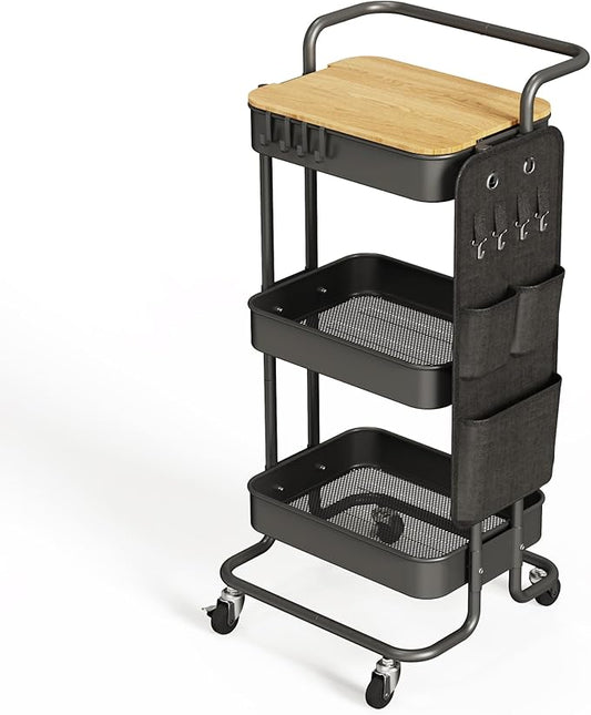 DTK 3 Tier Metal Utility Rolling Cart with Table Top and Side Bags, Tray Storage Organizer Wheels, Art Craft 4 Hooks for Kitchen Bathroom Office Living Room (Black)-NeatNest