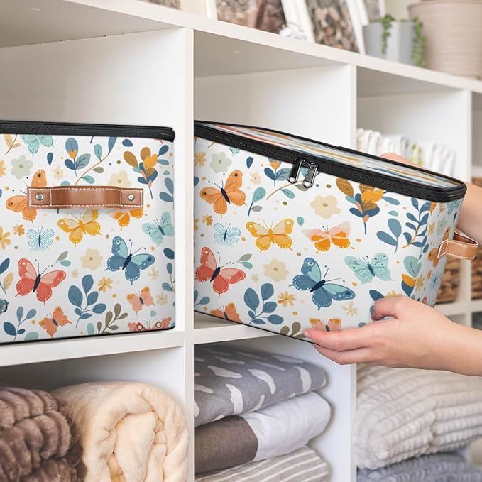Butterfly Storage Bins with Zipper Lid, Boho Floral Lidded Storage Baskets Boxes Foldable Organizer with Leather Handles for Clothes Closet Shelf Toys-NeatNest
