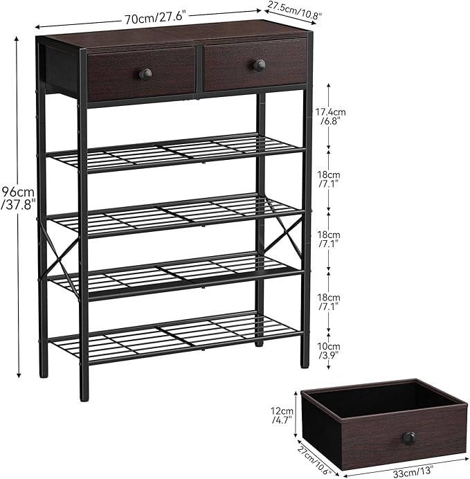 Shoe Rack for Entryway, 5 Tier Shoe Organizer with 2 Non-Woven Drawers, Metal Storage Shoe Shelf for 16-20 Pairs of Shoes, with Wooden Top and Steel Frame, Shoe Stand for Closet Dark Brown-NeatNest