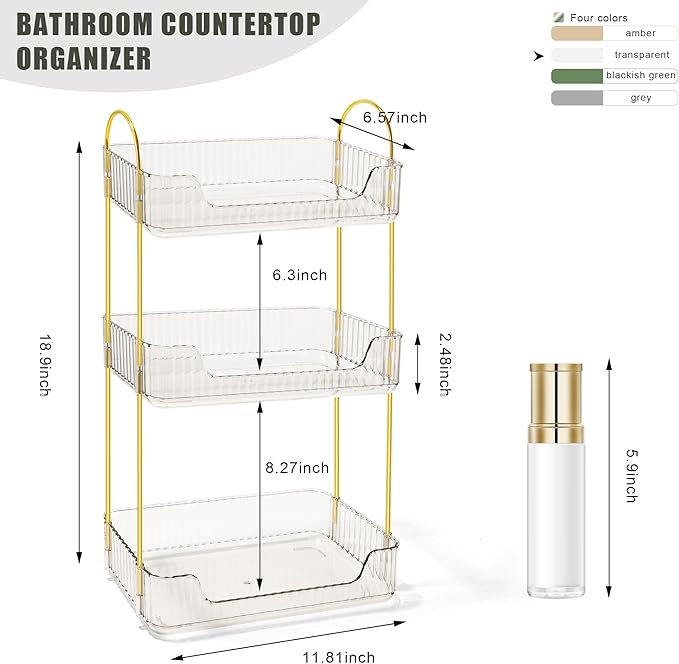 Bathroom Counter Organizer Countertop Storage Skincare Countertop Makeup Organizer Cosmetics Skincare Organizers Holder for Perfume-Clear-Golden Pole-3 Tier-NeatNest