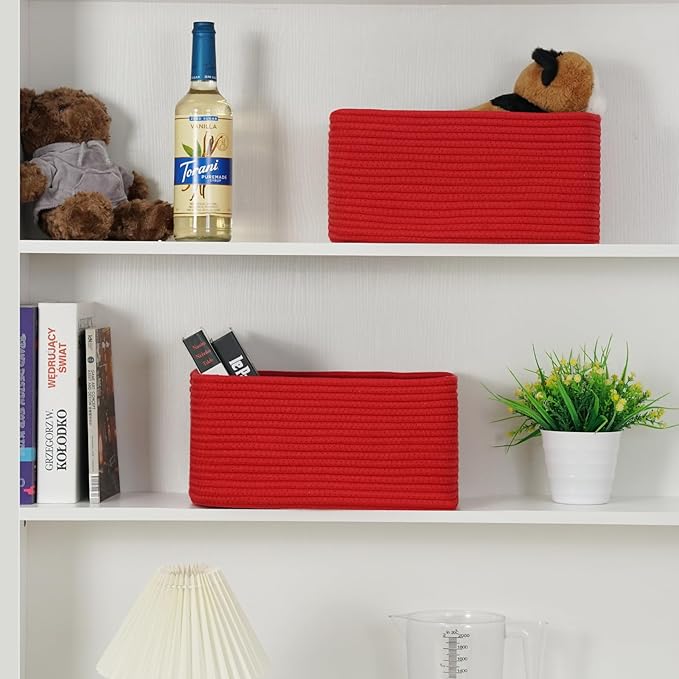 3-Pack Small Storage Baskets for Organizing | Woven Shelf Toy Basket | Rope Baskets for Gifts Empty | Closet Organizer Bins with Handles | Cube Decorative Box | 11.8×7.8×5.1” | Christmas Red-NeatNest