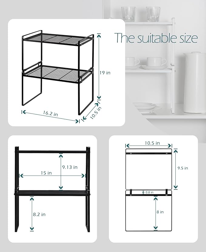 2Pack Kitchen Cabinet Shelf Counter Organizer Rack Pantry Storage Bathroom Bedroom Office Table Desk Space Saving Stackable Rust Resistant Non Slip Black Tall Wide L16.1in W10.6in H9.5in-NeatNest