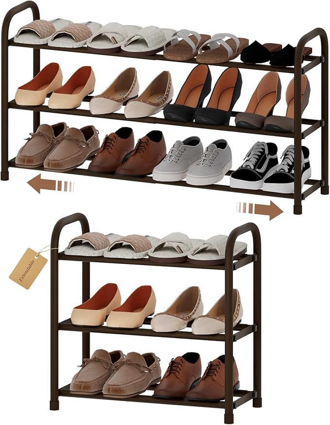 Expandable Shoe Rack, Adjustable Shoes Organizer Metal, Space-Saving Storage Shelf for Closet, Entryway, Front Door & Hallway,Sturdy and Easy Assembly (Brown, 3-Tier)