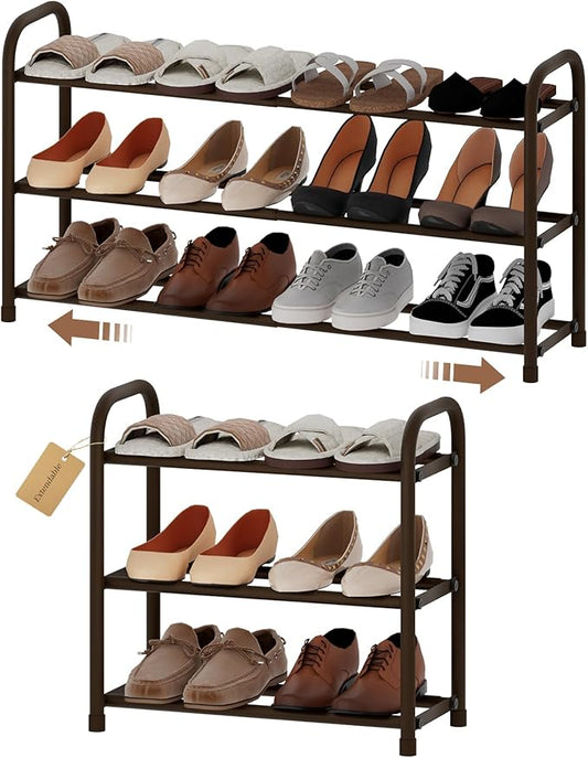 Expandable Shoe Rack, Adjustable Shoes Organizer Metal, Space-Saving Storage Shelf for Closet, Entryway, Front Door & Hallway,Sturdy and Easy Assembly (Brown, 3-Tier)