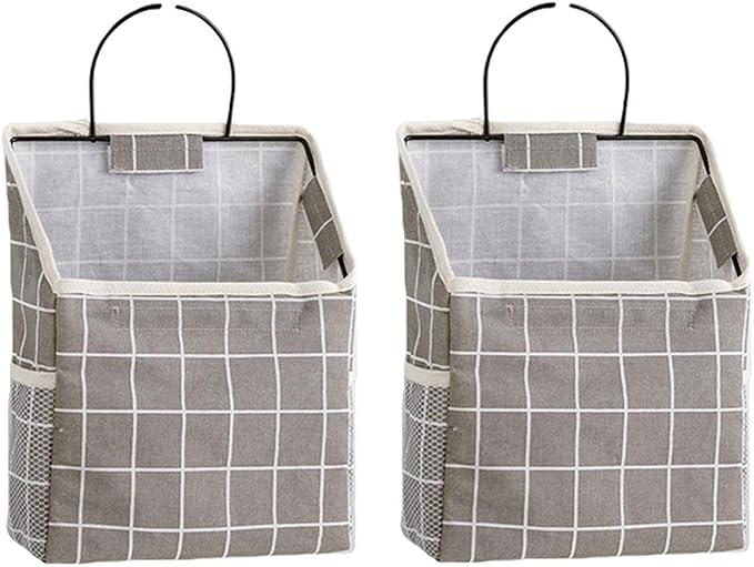 2 Pcs Wall-Hanging Storage Bags,Desktop Organizer Basket Cotton Linen Hanging Storage Basket for Kitchen,Bderoom,Living Room-GreyGrid-NeatNest