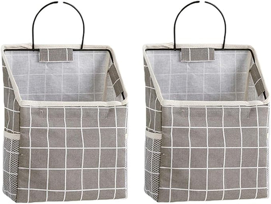 2 Pcs Wall-Hanging Storage Bags,Desktop Organizer Basket Cotton Linen Hanging Storage Basket for Kitchen,Bderoom,Living Room-GreyGrid-NeatNest