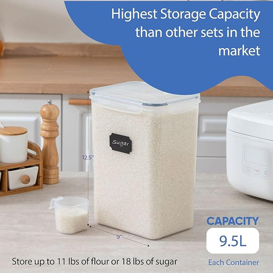 Chef's Path Airtight Food Storage Containers with Measuring Cups, Set of 2, 9.5L, 320Oz, Spacious, Leakproof Design Pantry Canisters for Flour, Sugar, and Bulk Food Storage - Transparent-NeatNest