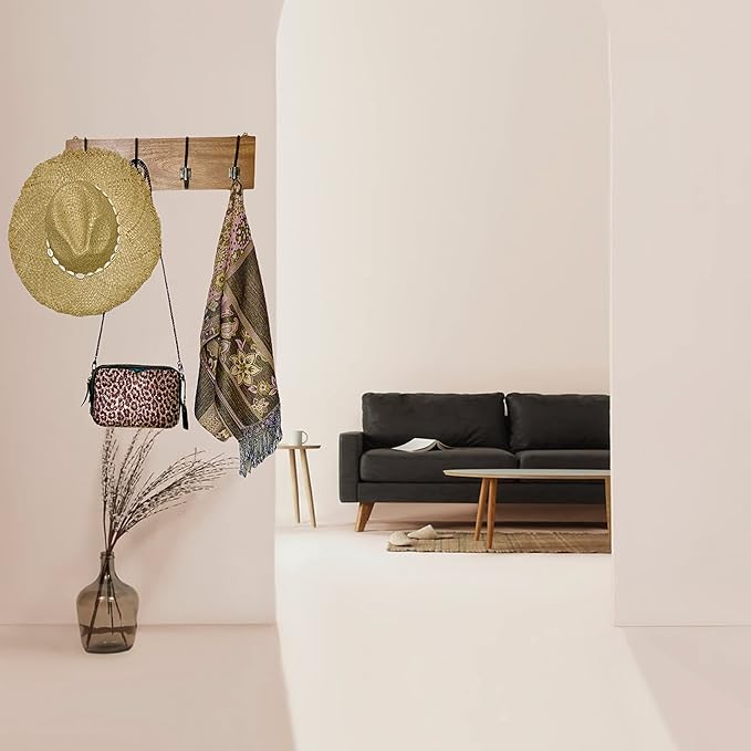 Coat Rack, Handmade, 4 Hanger Hook, Mahogany Hardwood, Durable Rustic Wall Mount, Versatile Hanger for Entryway, Bedroom, Bathroom, Farmhouse Boho Decor, 18" Natural Finish-NeatNest