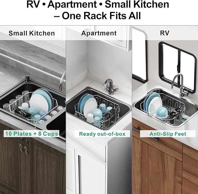 GSlife in Sink Dish Drying Rack - Stainless Steel Dish Drainer for RV Small Kitchen Apartment Sink, 13.4" L x 11.6" W, Silver