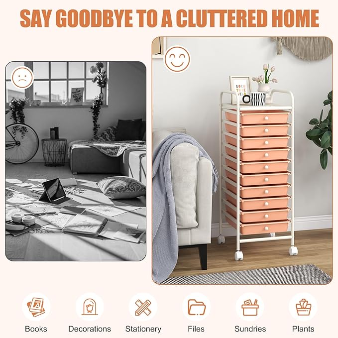 COSTWAY 10-Drawer Rolling Storage Cart, Utility Mobile Trolley with Removable Drawers & Universal Casters & 2 Brakes, Versatile Flexible Drawer Organizer Cart for Home, Office, Peach-NeatNest