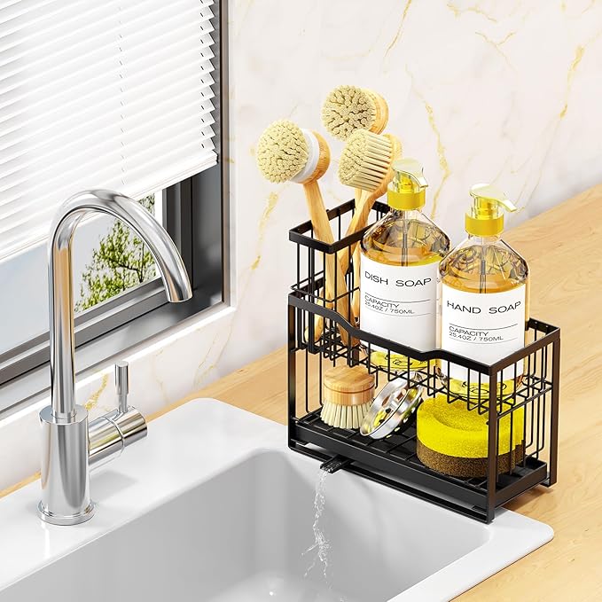 2-Tier Kitchen Sink Caddy with High Brush Holder&Self-Draining Tray,Rustproof&Non-Slip Sink Sponge Holder,Kitchen Countertop Storage Organizer,Soap Dispenser Storage - Black-NeatNest