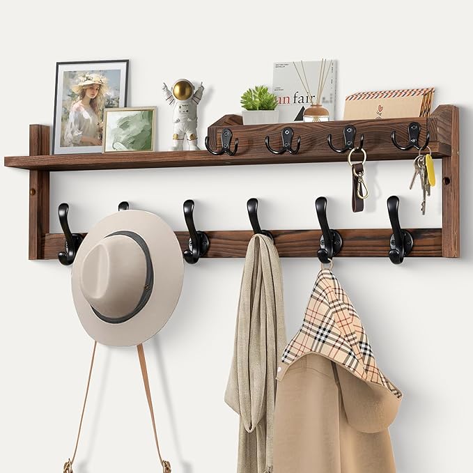 Coat Rack Wall Mount with Shelf, 27.5" Entryway Wall Hanging Shelf, Coat and Key Hanger with 10 Dual Hooks, Mail Organizer and Key Holder Hat Rack for Wall, Wood Coat Hooks with Storage-NeatNest