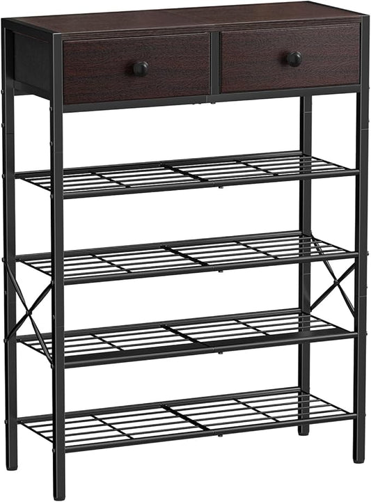 Shoe Rack for Entryway, 5 Tier Shoe Organizer with 2 Non-Woven Drawers, Metal Storage Shoe Shelf for 16-20 Pairs of Shoes, with Wooden Top and Steel Frame, Shoe Stand for Closet Dark Brown-NeatNest