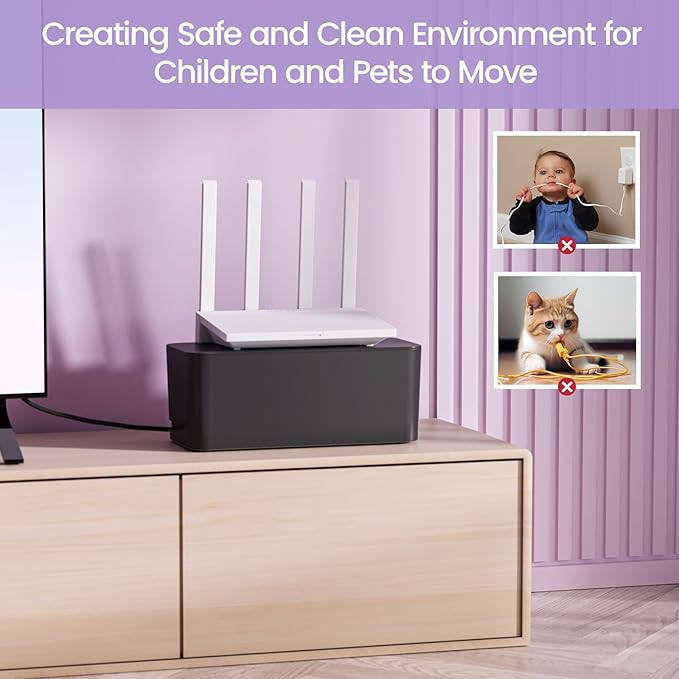 Delamu 2 Pack Cable Management Box, Stylish Cord Organizer for Desk, Pet & Child-Proof ABS Cords Hider Box, Under Desk Cable Box for Computer Router USB Hub & Power Strip, Black