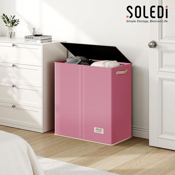 SOLEDI Large Double Laundry Hamper with Lid, Collapsible Clothes Hamper 2 section with Removable Bags, Space-Saving Laundry Basket for Bedroom, Dorm, College-NeatNest