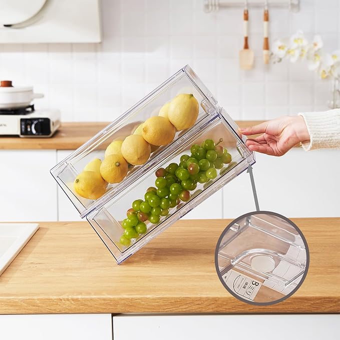 PeJeyiee 2 Pack Clear Stackable Refrigerator Organizers and Storage Drawers - Pull-Out Fridge Bins with Anti-Slip Base & Easy Clean, Plastic Organizers for Kitchen Pantry Cabinet Closet (Large)-NeatNest