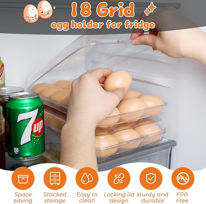 Egg holder for fridge - deviled egg containers with lid, Clear Stackable Plastic Egg Holder, Space-Saving 18 Egg refrigerator Organizer (Clear, Pack of 01)