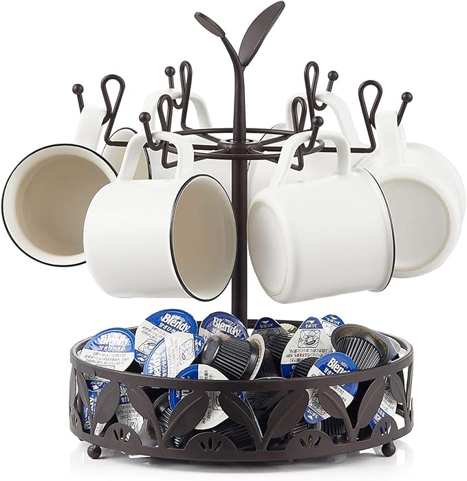 Coffee Mug Holder with Coffee Pod Basket Storage, Rotatable 6-capacity Cup Mug Holder Tree, Coffee Counter Bar Accessory & Kitchen Organizer-NeatNest