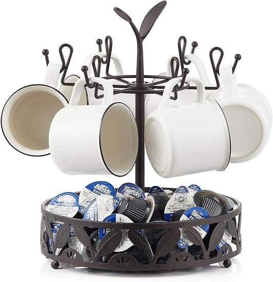 Coffee Mug Holder with Coffee Pod Basket Storage, Rotatable 6-capacity Cup Mug Holder Tree, Coffee Counter Bar Accessory & Kitchen Organizer-NeatNest