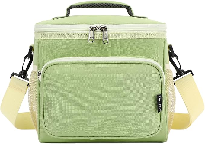 FlowFly Insulated Reusable Lunch Bag Adult Large Lunch Box for Women and Men with Adjustable Shoulder Strap,Front Zipper Pocket and Dual Large Mesh Side Pockets,Light Matcha-NeatNest