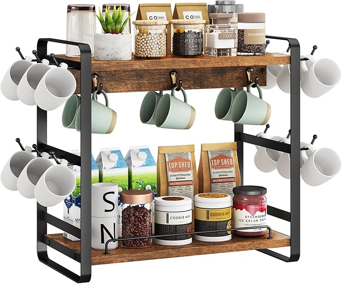 IBUYKE Coffee Bar Station Countertop Organizer,2 Tier Kitchen Mug Cup Holder Stand,Wooden Coffee Mug Organizer with 18 Hooks,Multifunctional Mug Tree for Home Kitchen, Office,Vintage Brown UTBJ006H-NeatNest