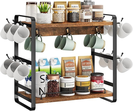 IBUYKE Coffee Bar Station Countertop Organizer,2 Tier Kitchen Mug Cup Holder Stand,Wooden Coffee Mug Organizer with 18 Hooks,Multifunctional Mug Tree for Home Kitchen, Office,Vintage Brown UTBJ006H-NeatNest
