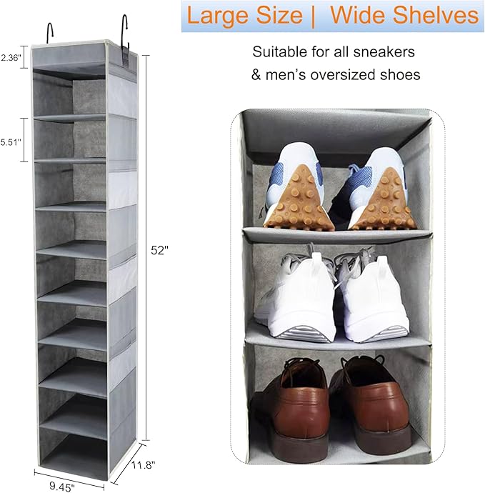 2 Pack Large-Sized Hanging Shoe Organizer 10-Shelf, Sturdy Hanging Closet Organizer with 8 Side Pockets, Wider Hanging Shelves for Storage Shoes Clothes Jeans Shirts Toys, Grey.-NeatNest