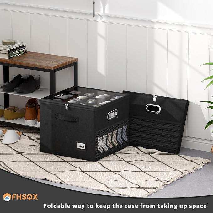 2 Pack Shoe Organizer for Closet Large Shoe Box Storage Containers with Clear Window Space Saving Shoe Bin with Foldable Bottom Support Adjustable Dividers Fits 32 Pairs (Black, (16.5*16.5*13in)*2)-NeatNest