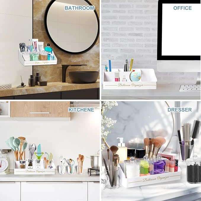 Bathroom Countertop Organizer, Toothbrush Holders for Bathroom with 3PCS Qtip Holder Dispenser and Toothpaste Holder Drainage for Bathroom Accessories Organization Counter Vanity Storage-White